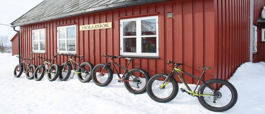A row of fatbikes parked in the snow outside a red building